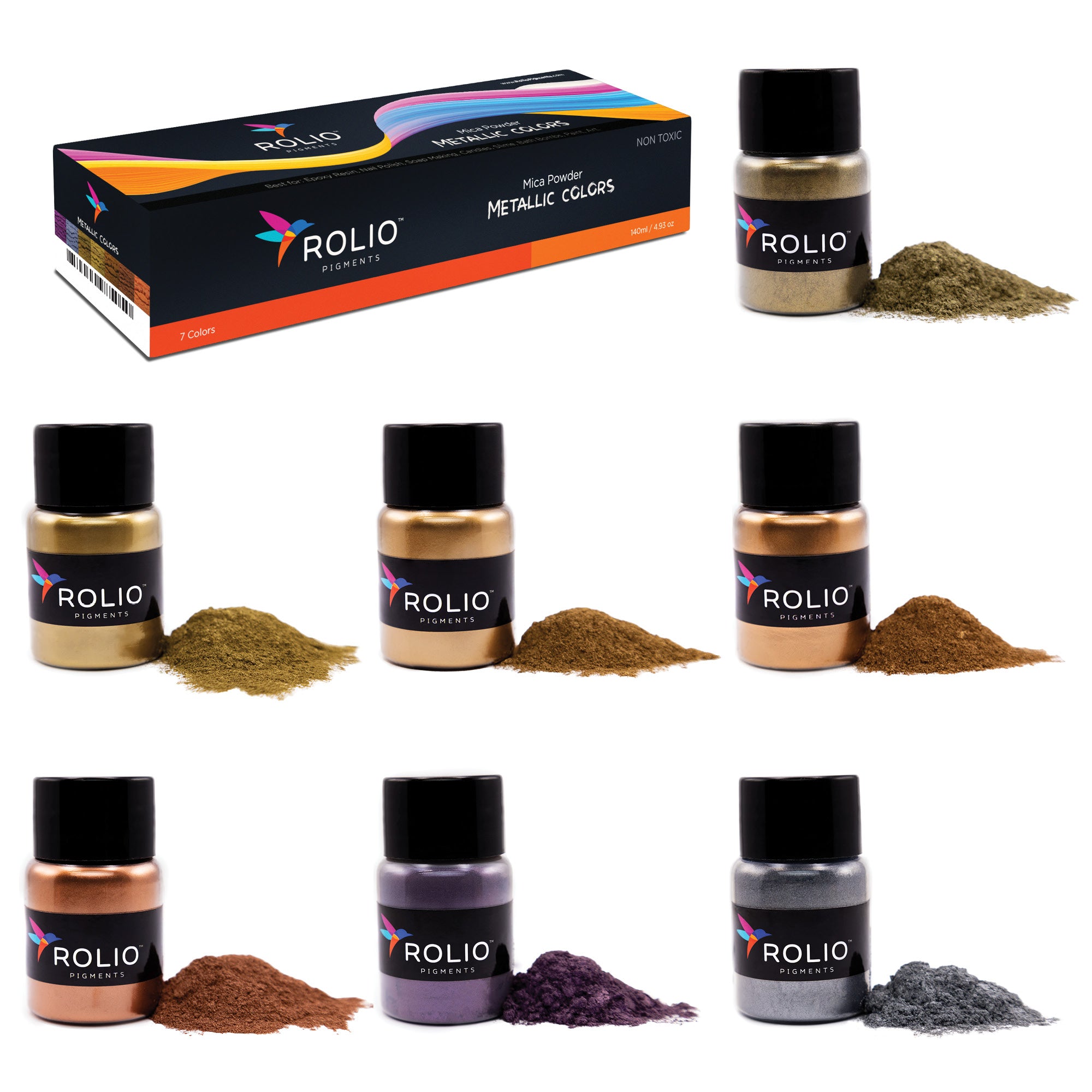Rolio - Metallic Powder Pigment - 7 jars/ 20ml Each of Powder Pigment for Paint, Nail Art, Epoxy Resin, Slime, Tumblers, Poly