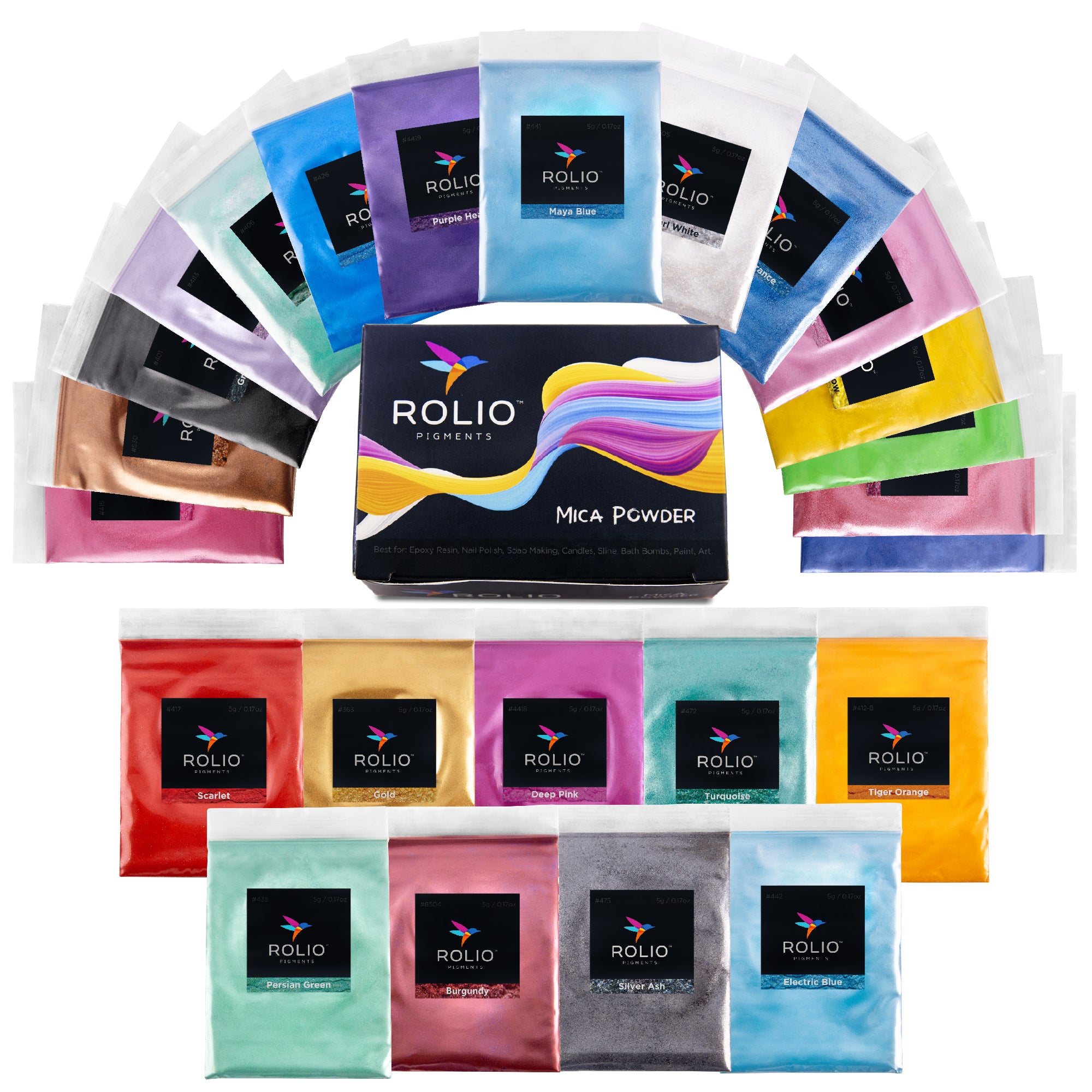 Rolio Mica Powder Pearlescent Color Pigment - Art Set for Resin Epoxy - for Soap Making, Nail Polish, Lip Gloss, Eye Shadow, SLI