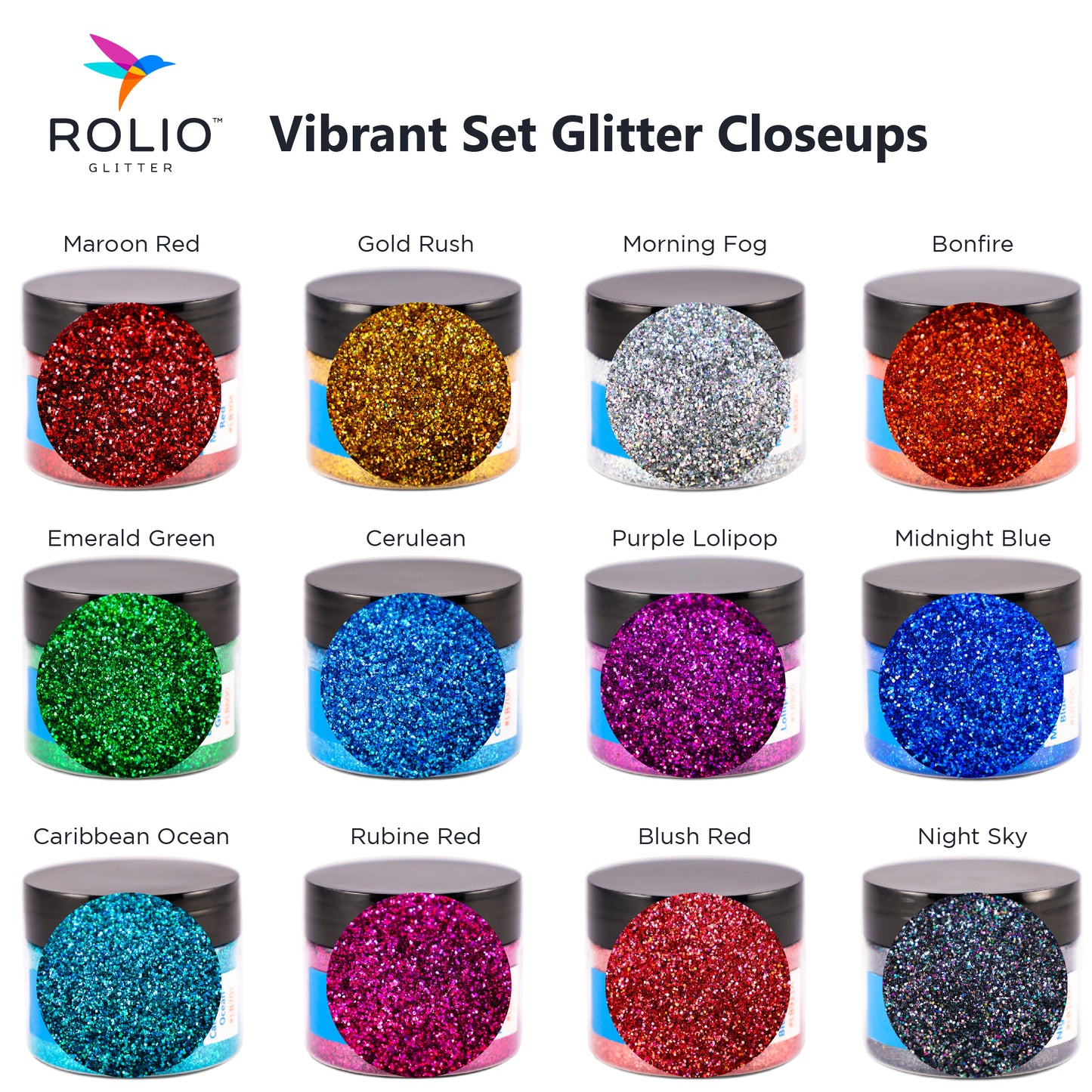 Pure Glitter Set 12 x 15g Colors - 1/64 & 1/128 size